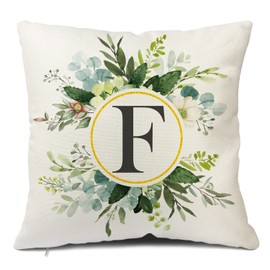 Snylcee Monogram Letter F Throw Pillow Covers Floral 18x18 Inch, Greenery Spring Pillows Decorative Throw Pillows Pillowcase Summer Farmhouse Decor for Couch Sofa, Family Last Name Initial Pillow Case