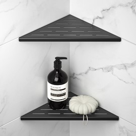 Bernkot Corner Shower Shelf 304 Stainless Steel, Recessed Corner Shelves Slot Design, 10" Triangular Corner Shelf 1.5mm Thickness Bathroom Shelf for Tiled Wall, No Drilling, 2 Pack, Black