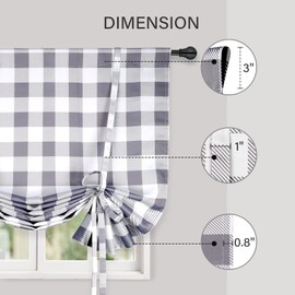 Simple Deluxe Adjustable Tie Up Shade & Curtains for Kitchen Windows, Buffalo Check Plaid Farmhouse Thermal Insulated Blackout Room Darkening Curtain, 42" W x 63" L, White and Gray