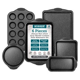 BAKKENMaster 6-Piece Nonstick Gray Marble Coated Bakeware Set - Professional Quality Carbon Steel Pans with Silicone Handles - Ideal for Oven, Refrigerator, Freezer - Dishwasher Safe