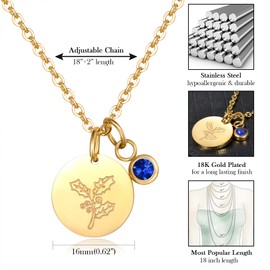CERSLIMO Birthday Gifts for Her Birth Flower Necklaces, 18K Gold Plated Dainty December Birth Month Floral Birthstone Coin Pendant Necklaces Holly Wildflower Jewelry Gifts for Women