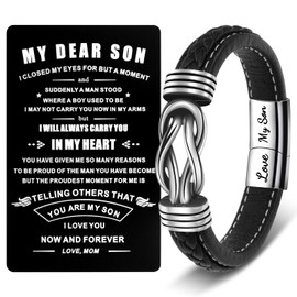 CheersLife To My Son Bracelet,Son Bracelet from Mum,Infinite Braided Leather Bracelet for Son Bracelet Gifts for Son From Dad Christmas Birthday Gift for Boys Son Back to School Graduation Gifts