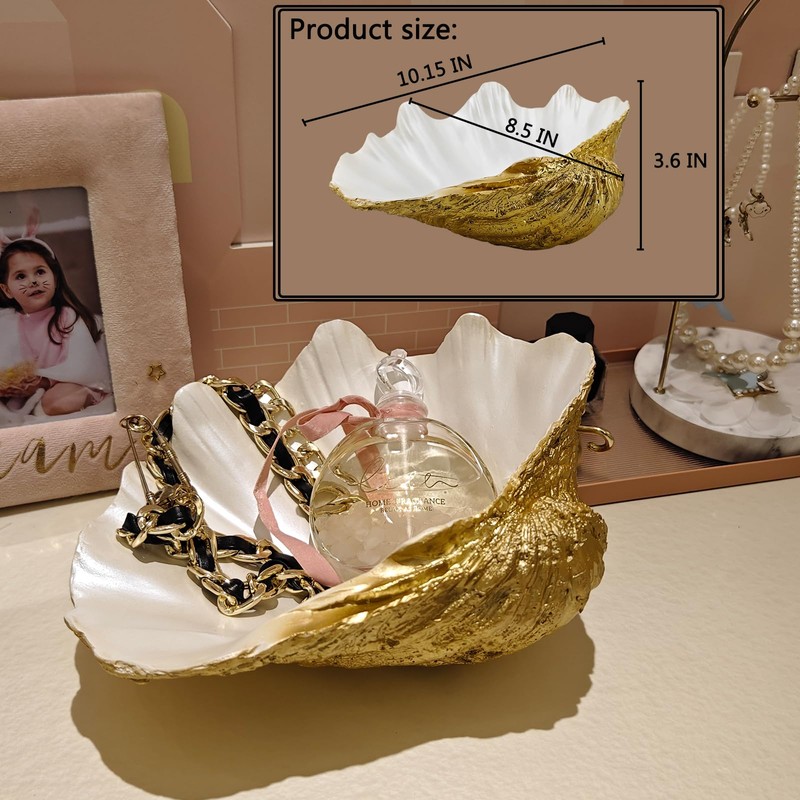 ALIWINER Medium Pearl White Gold Scalloped Clam Shell Bowl Sea