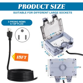 Kanayu Outdoor Outlet Box with 15ft Extension Cord, Dual 15 AMP 5-15 Receptacles Weatherproof Waterproof IP66 Outdoor Exterior Socket with Cover, 14 AWG/3C SJTW Cord