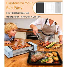 RAIQEE Electric Hot Dog Roller Machine for Home,3 in 1 Smokeless Indoor Grill with Removable 6 Hotdog Roller Grill, Nonstick Grate & Pan,Fits 9 Sausage for Family Korean BBQ,Game Night (Blue)