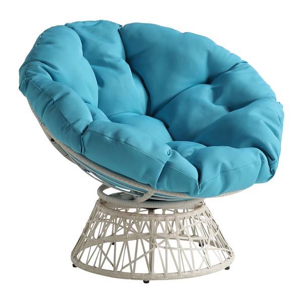 OSP Home Furnishings Wicker Papasan Chair with 360-Degree Swivel, Large, Cream Frame with Blue Cushion