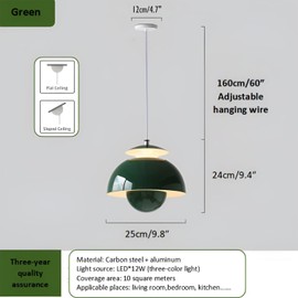 Nordic Pendant Light Mid Century Modern Fixtures 9.8 Inch Green Metal Shade Chandelier Ceiling Light for Living Room Hallway With LED Three-Color Light Source