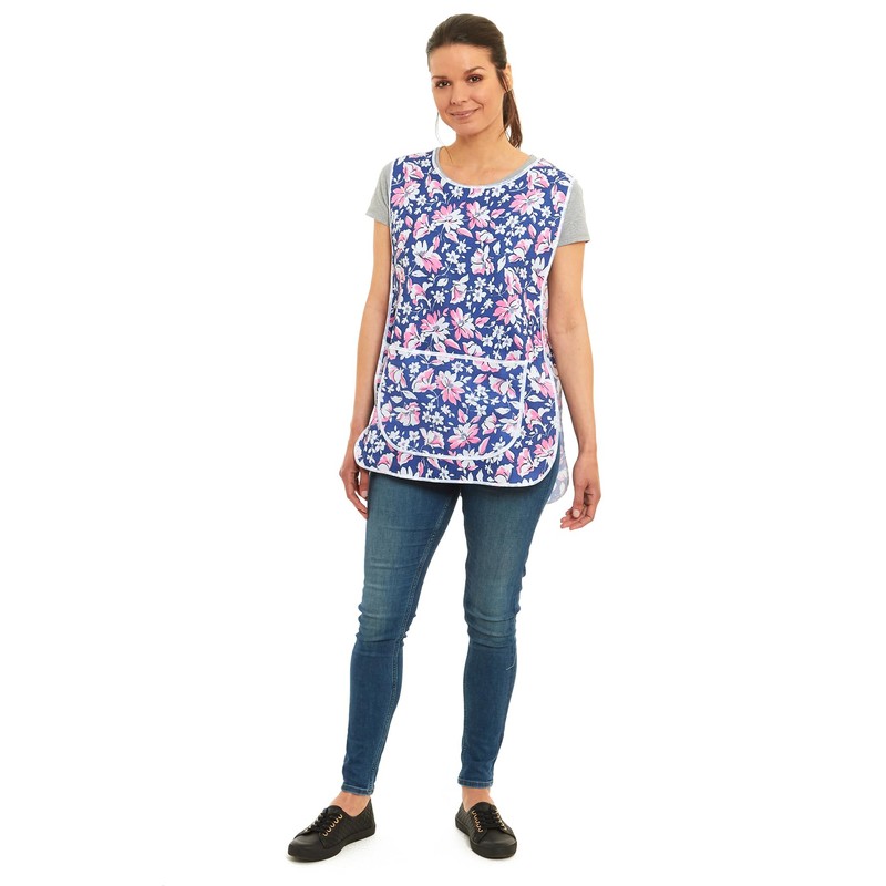 Ladies Floral Design With Piping Tabard Apron Overalls Front Pocket