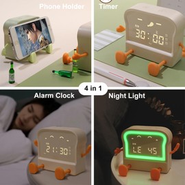 ipalmay 4 in 1 Alarm Clock for Kids, Beige Toast Digital Wake-up Alarm Clock, Cute Bedside Night Light, Count Up/Down Timer, USB-C Rechargeable Auto-Off Lamp Bedroom Clock for Kids Teens Birthday