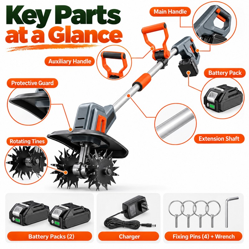 Cordless Electric Garden Tiller for Soil Cultivation – Anti-Tangle Blades