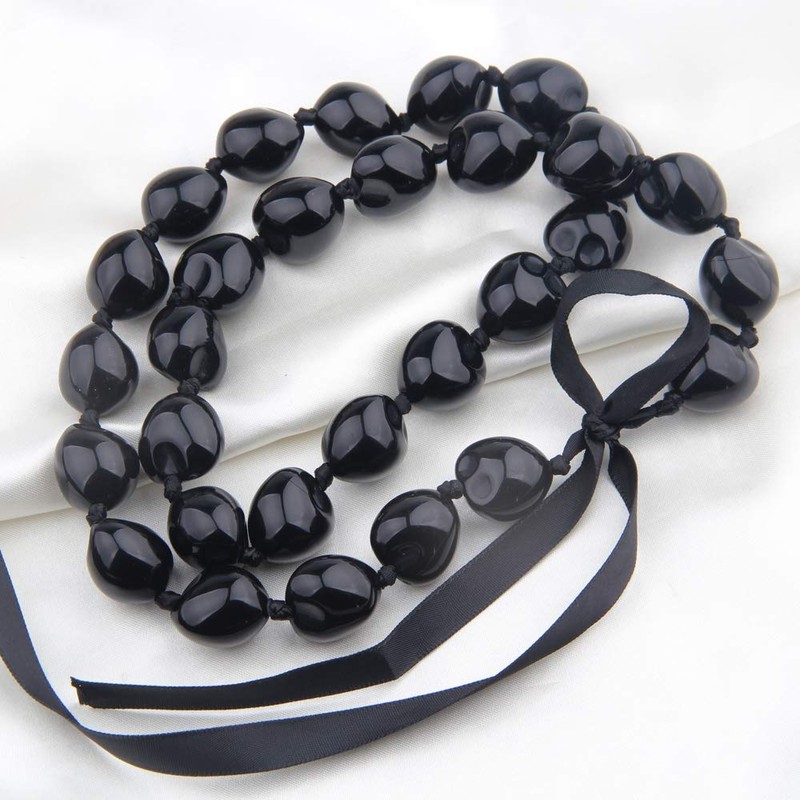 Hawaiian Kukui Nut Necklace with Chunky Heart-Shaped Beads Ribbon Tie
