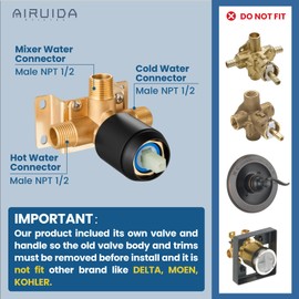 Airuida Single-Function Shower Handle Valve Trim Kit Shower Valves Wall Mount Brass Faucet Shower Rough-in Valve Male Thread Bathroom Trim Kit Single Handle Tub Shower Valve Round Matte Black