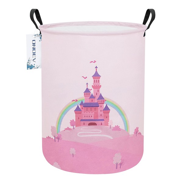 ONOEV Round waterproof laundry basket,foldable storage basket,laundry Hampers with handle,gift basket,suitable for children's room and toy storage (Pink Castle)