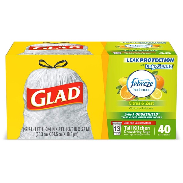 Glad OdorShield Tall Kitchen Drawstring Trash Bags - Febreze Lemon Scent - 13 Gallon - Pack of 40 (Packaging May Vary)
