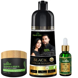 Herbishh Black Hair Dye Shampoo 200ml + Argan Oil 30ml + Argan Hair Mask 150ml – Complete Grey Coverage & Hair Repair System