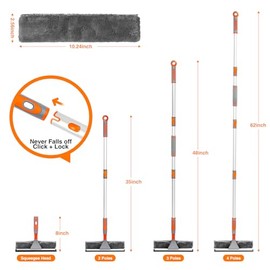 Barra de aluminio ligero de 62 pulgadas, kit de herramientas de limpieza de ventanas giratorio 2 en 1 con barra de extensión de limpieza con cabezal flexible para coche/ducha/ventanas altas
