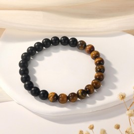 Kvekstio 12 Months Sobriety Anniversary Bracelet Gifts, 1 Year AA Recover Gifts, Tiger Eye Black Beads Bracelet Addiction Recovery Sober Gifts for Men, Twelve Month Clean Sober Reminder Gifts for Him,