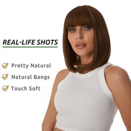 Onpep Pelucas cortas y rectas estilo Bob con flequillo de aire, color marrón miel, para mujer, longitud al hombro, pelucas de fibra resistente al calo