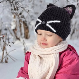 BAOPLAYKIDS Kids Girls Sequin Cat Ear Hat Winter Warm Knit Beanie Cute Ski Skull Cap for Ages 7-12