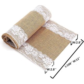 RUBRYKAZ Burlap Jute Table Runners 12 x 108 Inches White Lace Table Runner Rustic Country Wedding Decor Vintage Romantic Table Cloth Party Favors for Birthday Engagement Hotel Home Table Decor