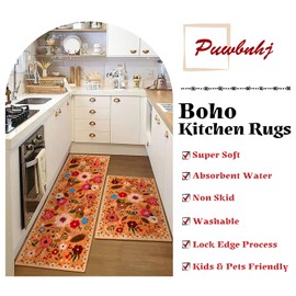 puwbnhj Kitchen Rugs and Mats Non Skid Washable Set of 2,Boho Floral Modern Farmhouse Bohemian Kitchen Runner Rugs with Rubber Backing for Kitchen Decor and Accessories (Orange 17"x47"+17"x30")