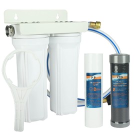 Mooncea Premier RV Water Filter System - 2 Stage with Hose Fitting,3/4" Lead-Free 304 Adapters, Reduces Chlorine, Bad Odors, Sediment, Compatible with RVs, Boats, Washing & Showering