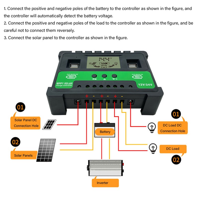 Solar Controller 12V 24V Charge Discharge PV Regulator LCD Display