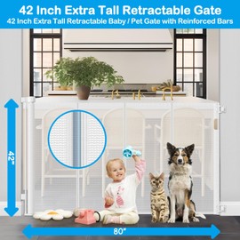 Reinforced 42" Tall X 80" Wide Extra Tall Retractable Gate Extra Tall Pet Gate for Doorways Long Retractable Baby Gate Extra Tall Gates for Dogs Indoor Extra Tall Baby Gate for Dogs Retractable Fence