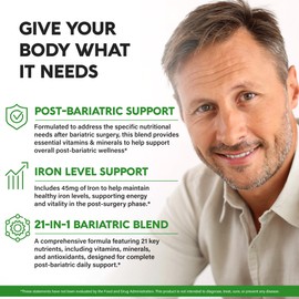 Bariatric Multivitamin - 45 mg Iron Supplements - Made in USA - for Women & Men - All-in-One, 21 Essential Vitamins - Gastric Sleeve Support - Free of Sugar, Gluten & Soy - 90 Capsules, Once Daily