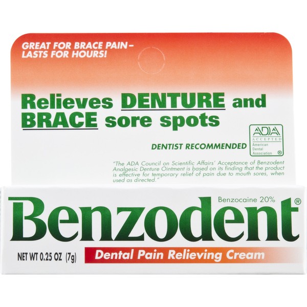 Benzodent Dental Pain Relieving Cream for Dentures and Braces, 0.25 oz tube