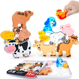 KECIABO Wooden Animal Puzzles Toys for Toddlers,12 Pcs Farm Animal Figures,Animal Matching Sorting Stacking Toys for Boys Child Girls,Educational Learning Toys Gift for Kids