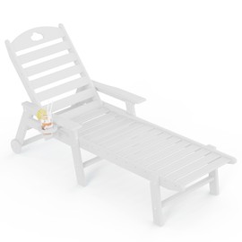 Orbcove Outdoor Lounge Chair with Cup Holder, Outdoor Chaise Lounge with 6-Position Adjustable Backrest, HDPE Lounge Chair for Poolside, Patio, Deck & Backyard, Chaise Lounge with Wheels (White, 1)