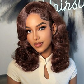 HUIWANYAN Hihmarm Chocolate Brown Body Wave Bob Wig Human Hair 13x4 HD Lace Frontal Wigs Human Hair Pre Plucked Loose Wave 16 Inch Bob Lace Front Wigs For Black Women 180% Density Glueless Wig