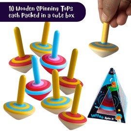 Lattooland Wooden Set of 10 Spinning Tops for Kids | Multicolor & Child-Safe Montessori | Educational Kindergarten Toys | Classic Lattoos | Flip Tops Gyroscope for Toddlers | Birthday Return Gift | 3+