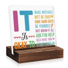 Mhfpl It is Okay to Make Mistakes Funny Acrylic Plaque Sign with Wooden Stand, Mental Health Awareness Gifts, School Counselor Therapy Office Decor, Inspirational Gifts for Women