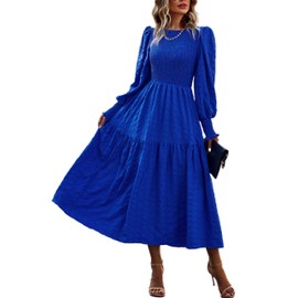PRETTYGARDEN Women 2025 Spring Puff Long Sleeve Crewneck Smocked Maxi Dress Empire Waist Tiered A-line Swing Flowy Long Dress(Royal Blue,Large)