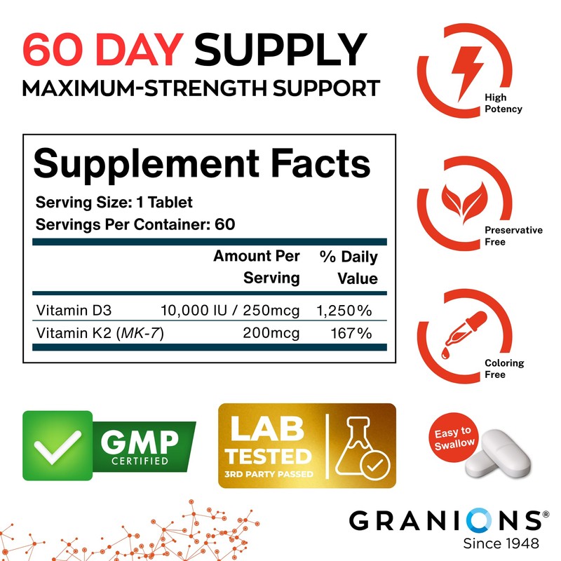 Granions Max Strength Vitamin D3 K2 Supplement - 250mcg (10,000
