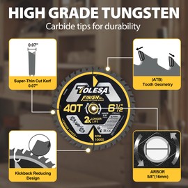 TOLESA 6 1/2 Circular Saw Blade 40 Teeth with 5/8" Arbor, ATB Carbide Teeth, Wood Cutting Framing Saw Blades for Miter Saw & Table Saw, Super Thin Kerf for Cutting Wood, Plywood, MDF, OSB (3 Pack)