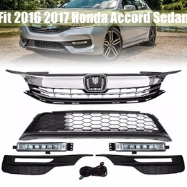 YLT Auto Fit 2016 2017 Honda Accord Sedan Front Bumper Grille Grill & LED Fog Lights Set