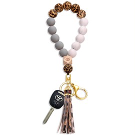 ANGLESJELL Llavero de pulsera de silicona para mujer, con abalorio, para casa, coche, borla, leopard 2, L