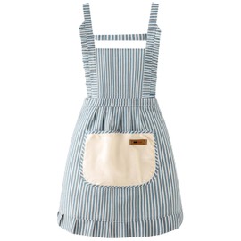 FAIRYGATE Linen Apron Woman Apron with Pockets Stripe Adjustable Cotton Linen Kitchen Chef Bib Apron for Cooking BBQ Baking Gardening Household Cleaning Restaurant A1527