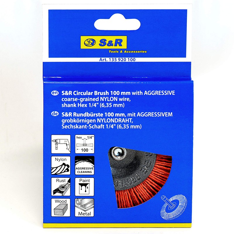 S&R, Nylon Wheel Brush, Diameter 100 mm, Hexagonal Shank, 1/4