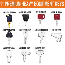 WAH LIN PARTS 11 Heavy Equipment Keys Master Set, Construction Ignition Keys Set for CAT, JD, Case, Komatsu, Hyster, Kubota, JCB, Bobcat, Daewoo, JLG, Toyota, Master Key for Workers and Opeartors