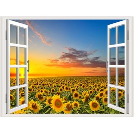 THNWSY Self-Adhesive Wall Sticker Romantic Living Room Bedroom Study Office Decorative Wall Sticker Ocean Scenery Fake Window Sticker Mural (17.3"×27.6", Sunflower)