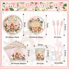 120 piezas de suministros para fiesta de bosques para niñas, baby shower, decoración de animales salvajes rosados, platos, servilletas, tenedores, cuchillos, vajilla desechable para 20 invitados