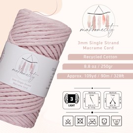 Makromecity, Single Strand Macrame Cord 3 mm x 100 Yards (300 feet) 3mm Single Strand Baby Pink Cotton Cord for Macrame Art & Crafts for Wall Hangings Recycled Cotton Cord Yarn DIY(Baby Pink, 1 Skein)