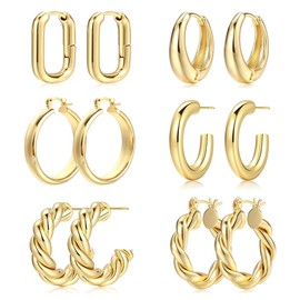 14K Gold Plated Hoop Earrings 6 Pairs Gold Hoop Earrings Set Gold Chunky Hoop Earrings Gold Hoop Earring Pack Non Tarnish Gold Hoops Hypoallergenic for Women