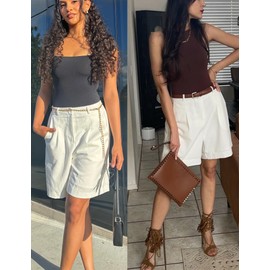 HOTOUCH Women's Knee Length Shorts High Rise Wide Leg Shorts Lightweight Pleated Lounge Shorts with Pockets White M