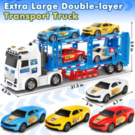 Toddler Boy Toys for 3 4 5 6 7 Years Kids, 21" Double Layer Race Truck Toy with 4 Racing Cars, Friction Powered Vehical Toys with Lights and Sounds, Birthday for Boy Girls-Blue