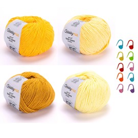 HobbyMia 4 Balls Different Color Cotton Yarn Pack & 10pcs Stitch Markers Soft Yarn for Knitting & Crochet - 4X (50gr / 175yds) - (2) Sport, Fine Weight Baby Yarn for Amigurumi (H06 - Gold/Yellow)